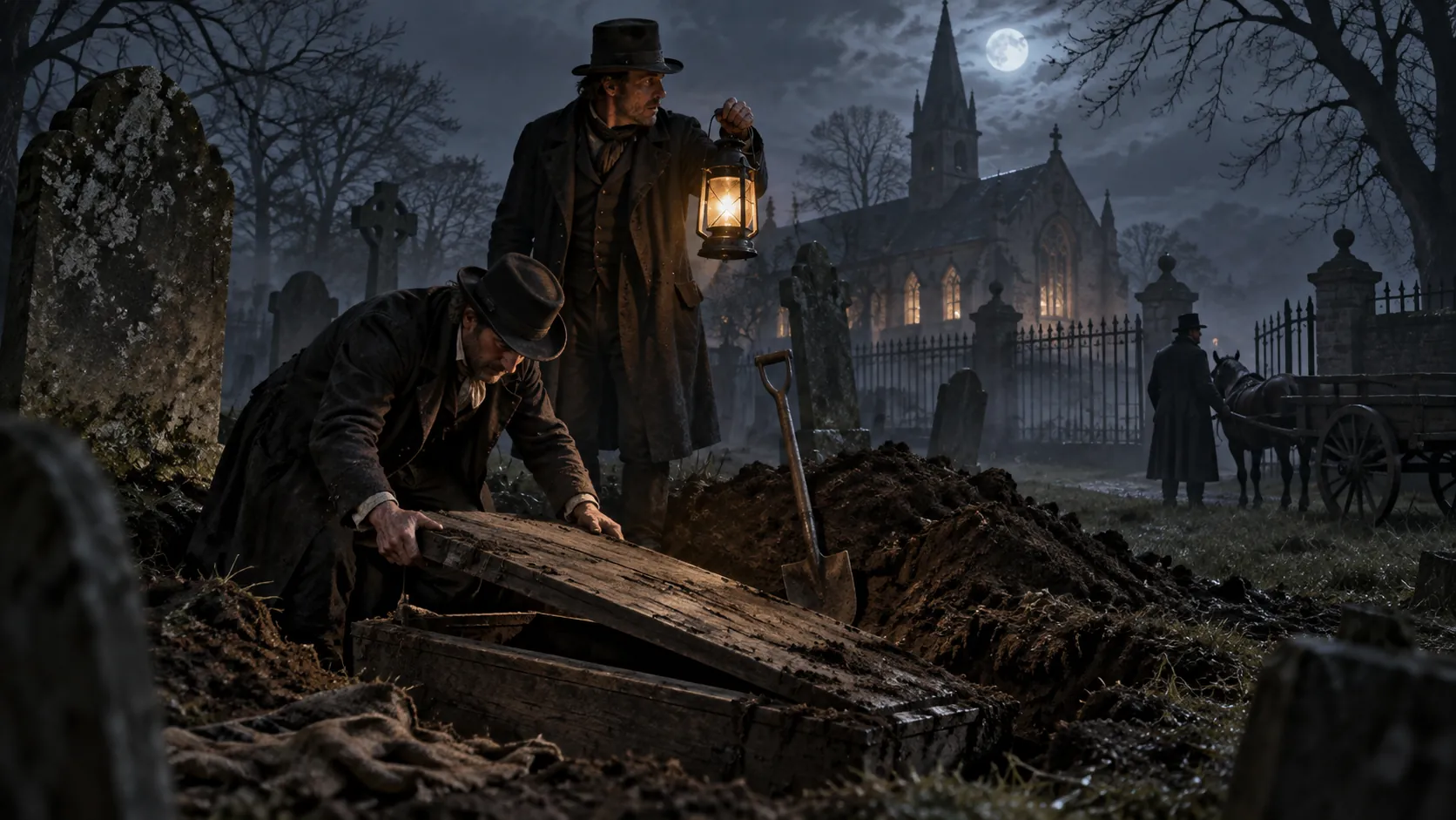 Two early 19th-century resurrectionists opening a grave by lantern light while a horse cart waits nearby.